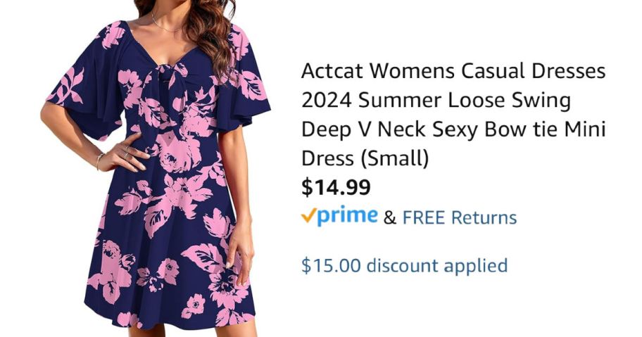 woman wearing floral dress next to Amazon pricing information