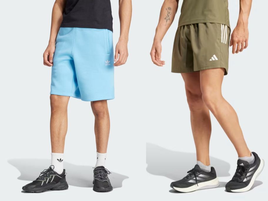 two men wearing adidas shorts in blue and green