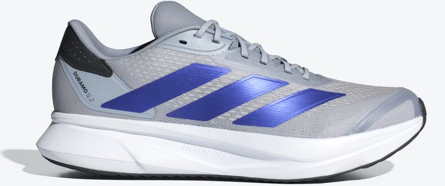 grey and blue adidas running shoe