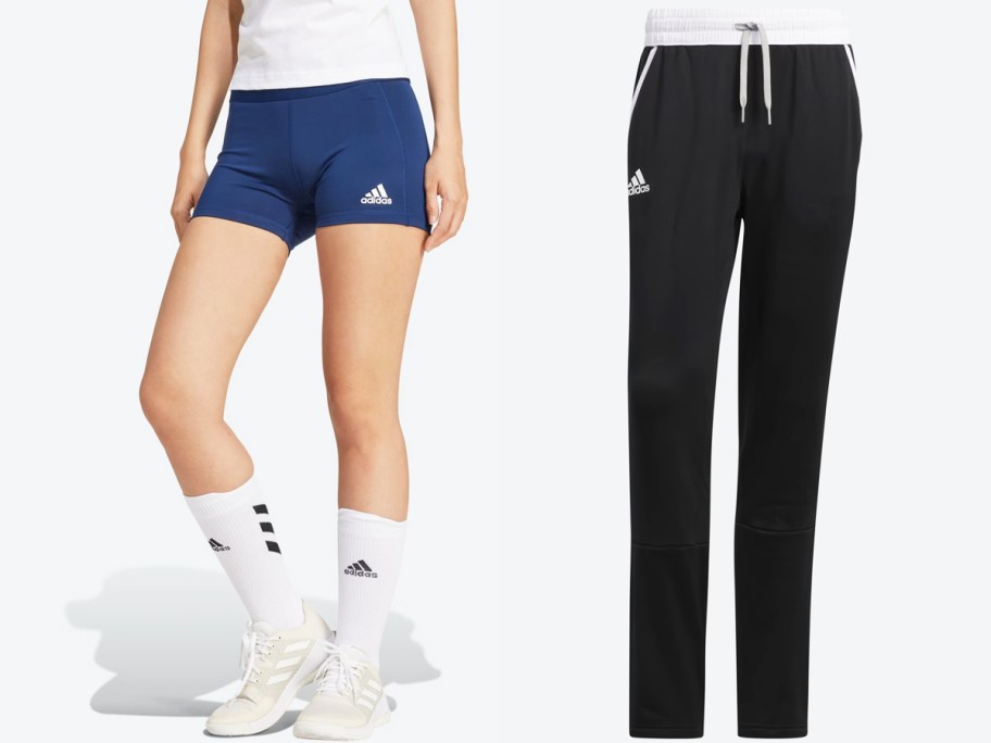 woman in blue shorts and pair of black adidas pants