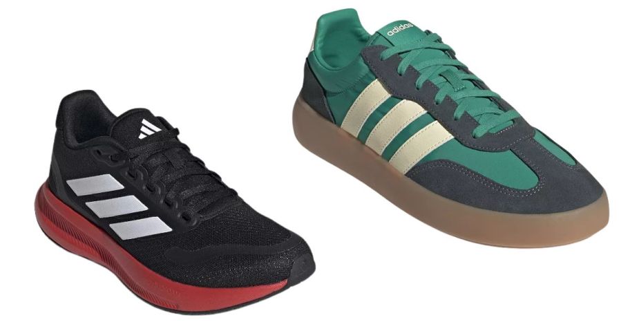black and white adidas shoes and green, white, and grey adidas shoes