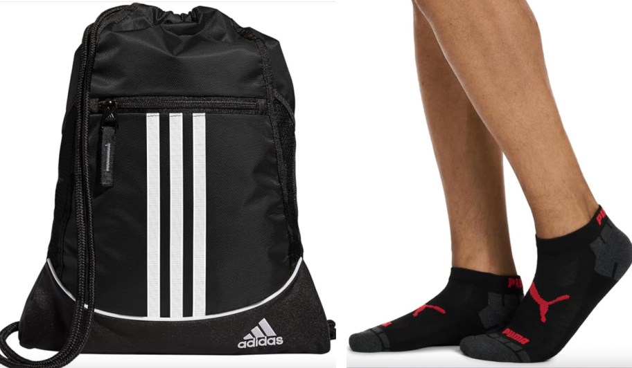 black adidas backpack and puma socks