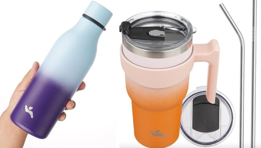 hand holding blue water bottle and orange tumbler with straws
