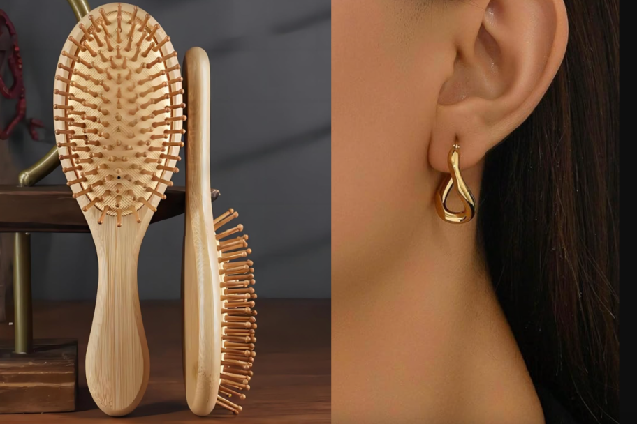 bamboo brush and gold wavy earrings in womans ear