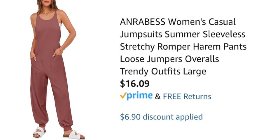 woman wearing romper next to Amazon pricing information