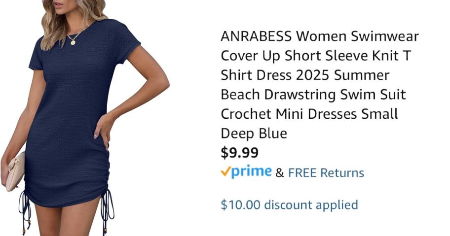woman wearing blue dress next to Amazon pricing information