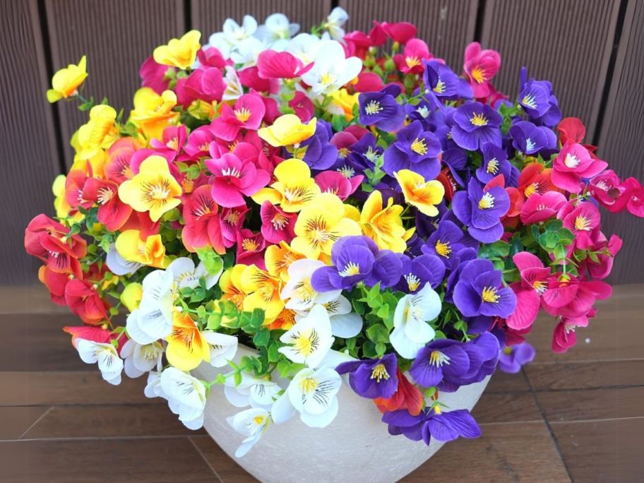 Artificial Mixed Color Flowers in pot on patio