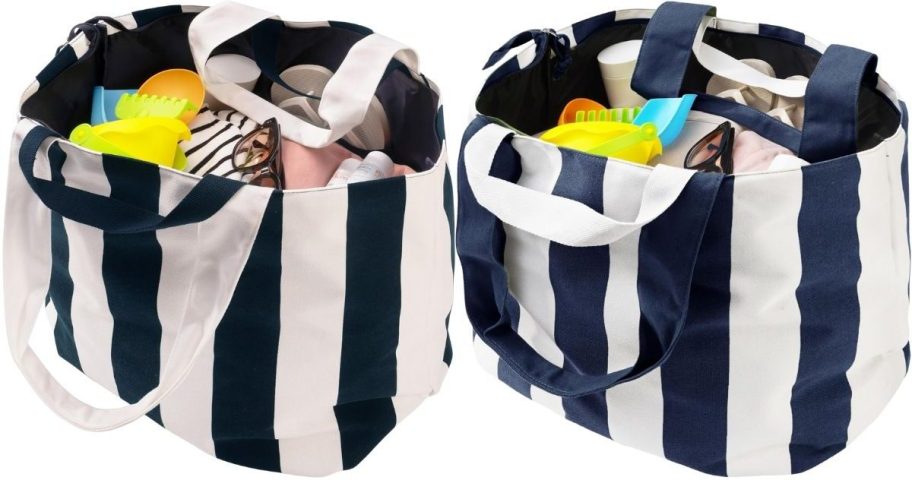 a blue-green striped totebag shown with a navy blue striped tote bag. 