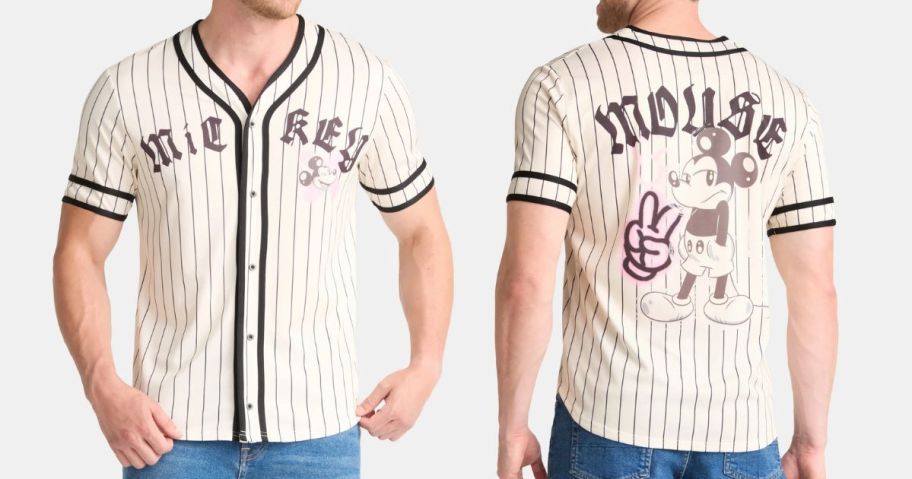 man wearing Mickey Mouse Men's Graphic Baseball Jersey