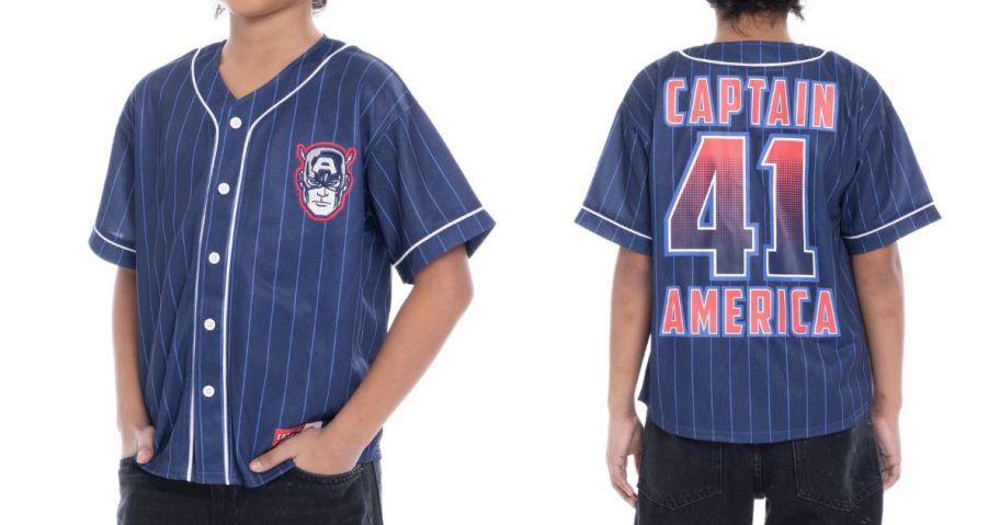 kid wearing Captain America Boys Graphic Baseball Jersey
