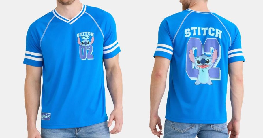 man wearing blue Disney Stitch Men's Graphic Baseball Jersey