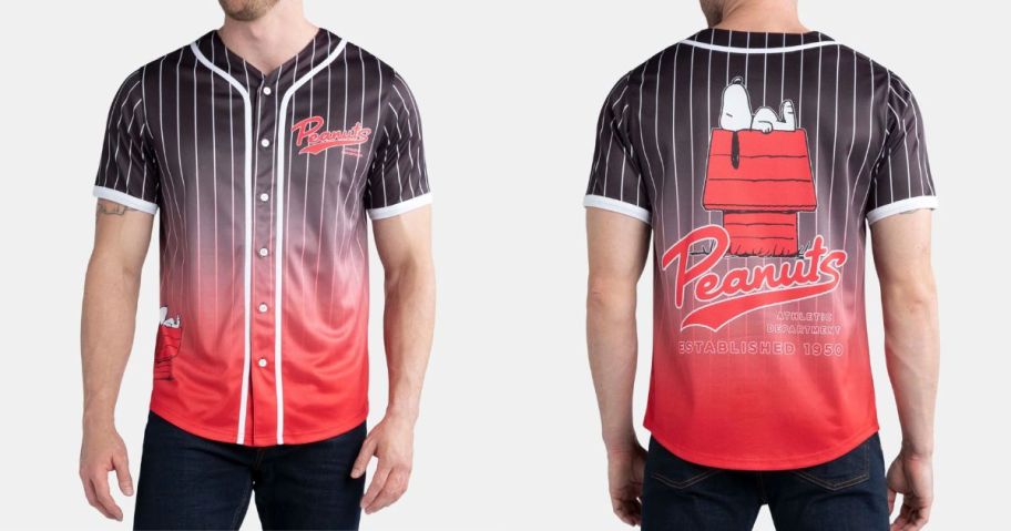 man wearing black and red Peanuts Men's Snoopy Graphic Baseball Jersey