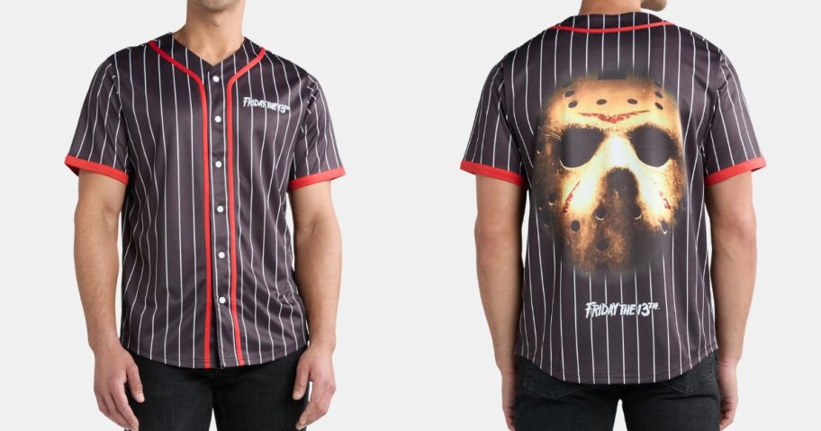 man wearing Friday the 13th Men's Graphic Baseball Jersey