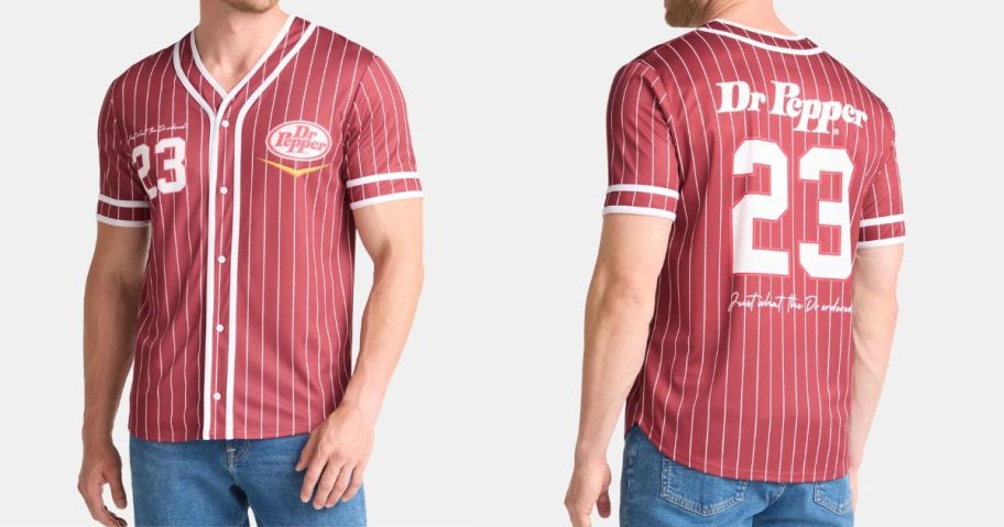 man wearing red and white striped Dr. Pepper Men's Graphic Baseball Jersey
