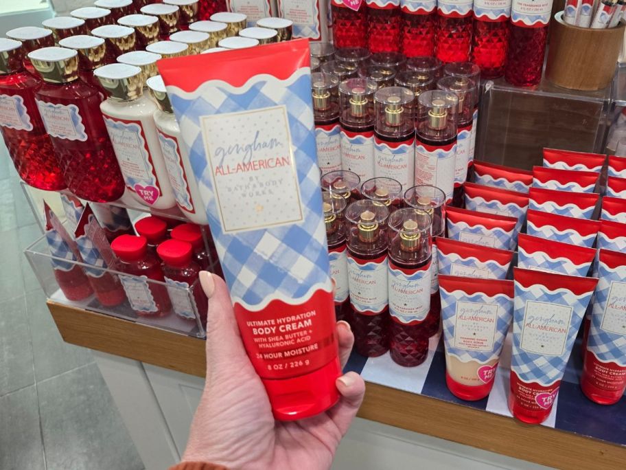 Bath & Body Works Gingham All-American Body Cream in hand in store