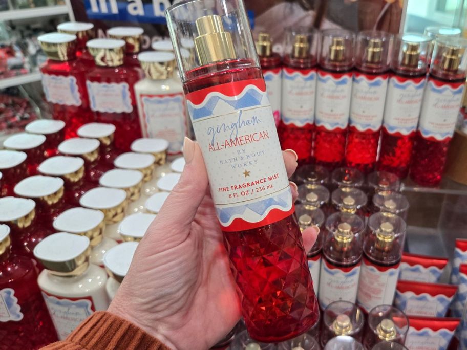 Bath & Body Works Gingham All-American Fine Fragrance Mist in hand in store
