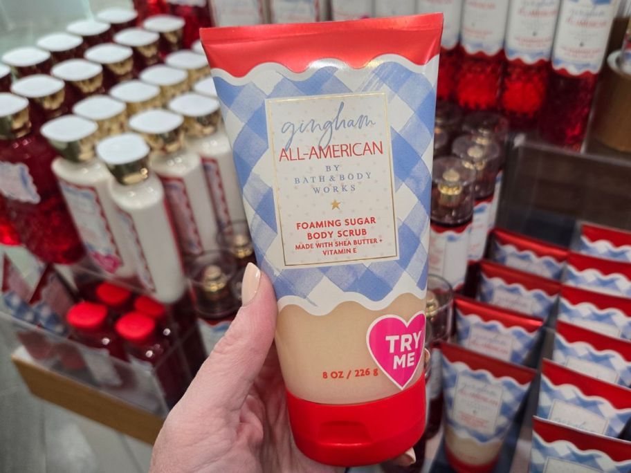 Bath & Body Works Gingham All-American Foaming Sugar Body Scrub in hand in store