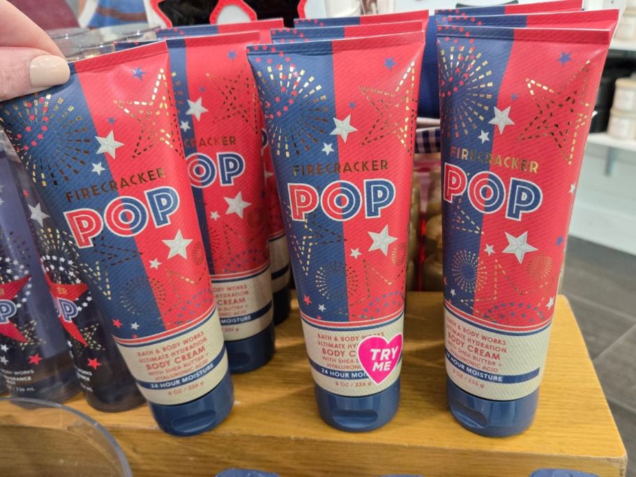 Bath & Body Works Firecracker Pop Body Creams on shelf in store