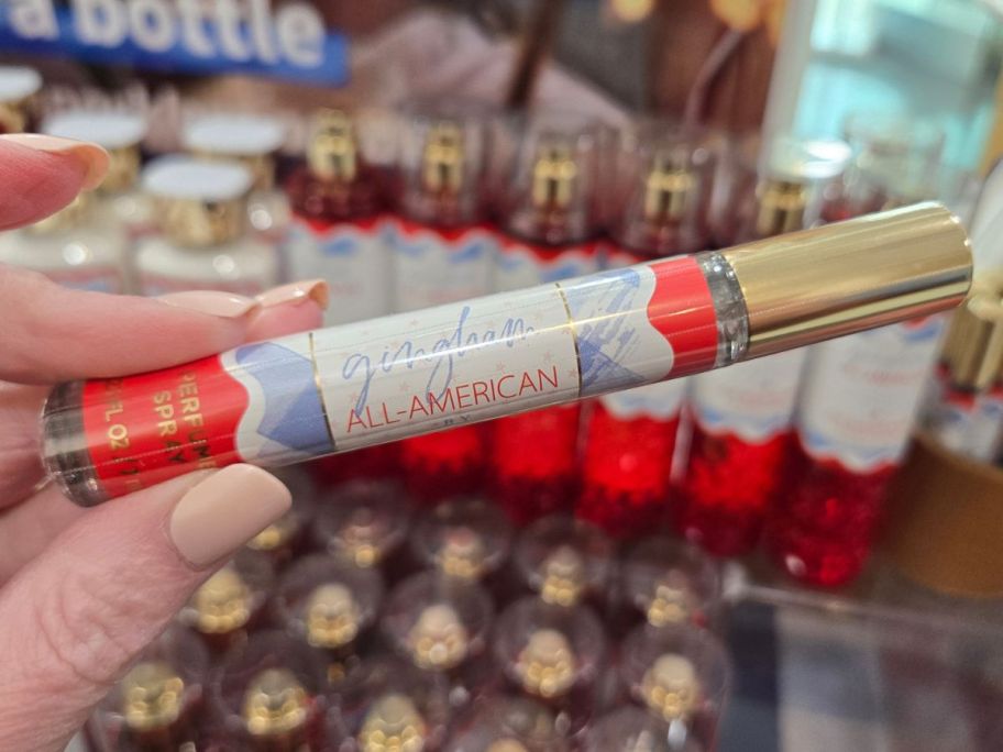 Bath & Body Works Gingham All-American Mini Perfume Spray in hand in store