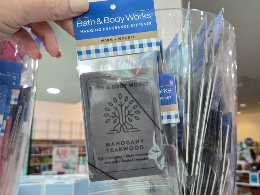 Bath & Body Works Mahogany Teakwood Hanging Fragrance Diffuser in hand in store