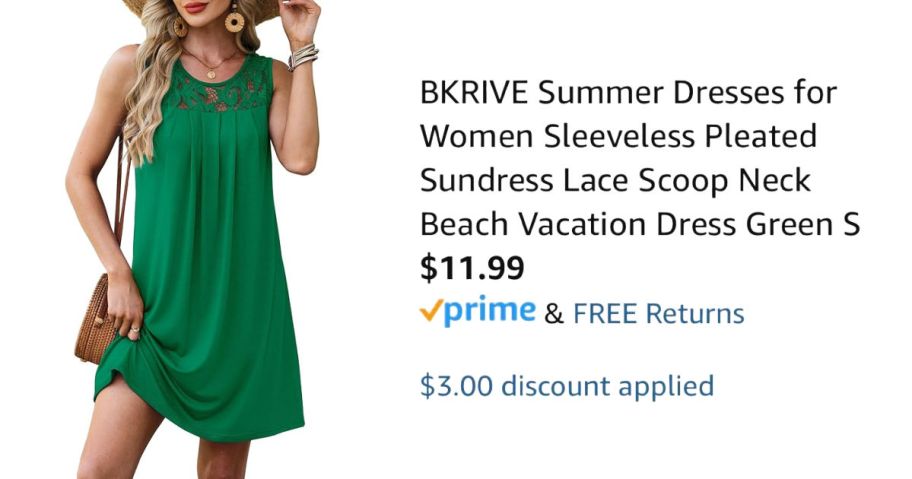 woman wearing green dress next to Amazon pricing information