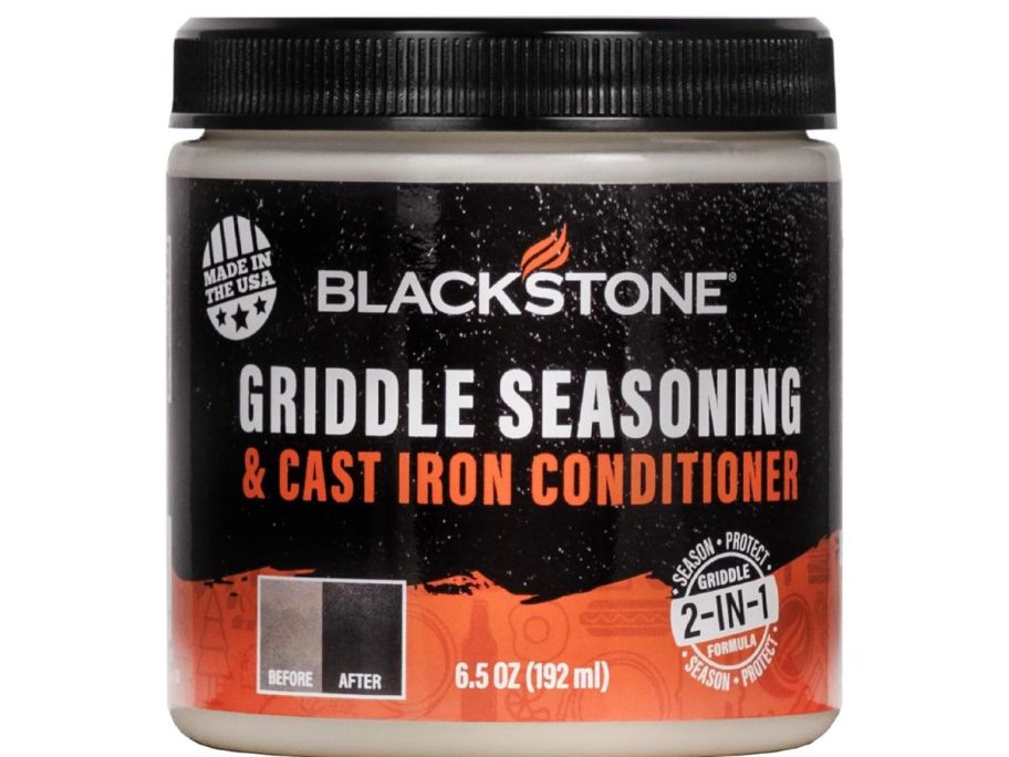 a Blackstone Griddle Seasoning & Cast Iron Conditioner jar
