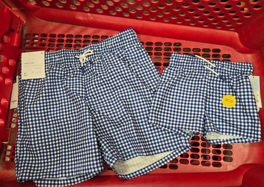 a pair of mens blue gingham shorts shown with a pair of kids blue gingham shorts