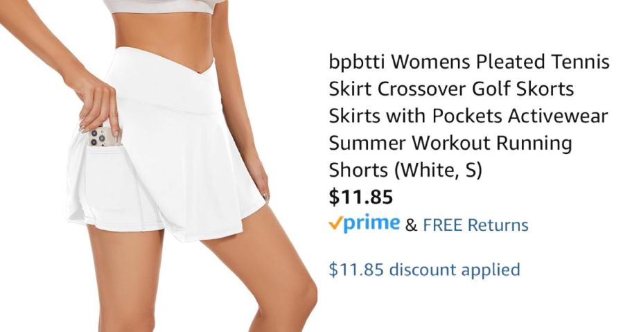woman wearing white skirt next to Amazon pricing information