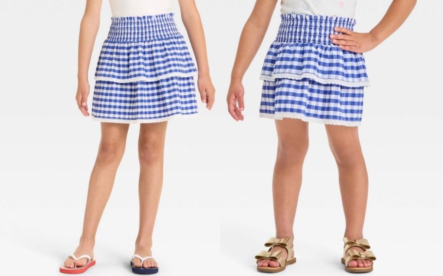two giirls in blue and white gingham check tiered skirts
