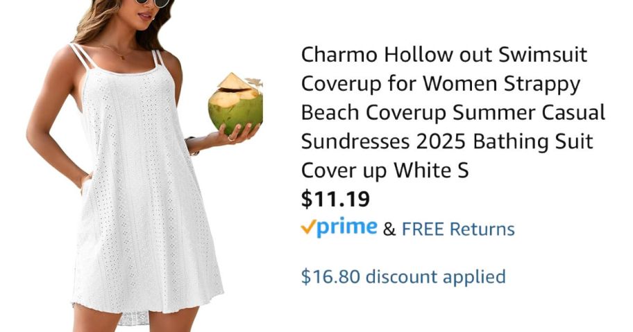 woman wearing white dress next to Amazon pricing information