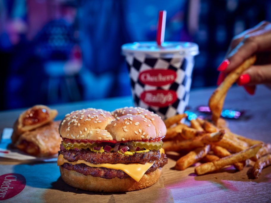 burger, fries, and a fountain soda from Checkers & Rally's