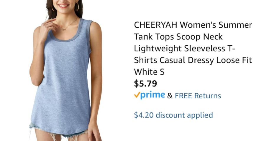 woman wearing blue tank top next to Amazon pricing information