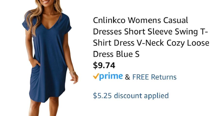woman wearing blue dress next to Amazon pricing information