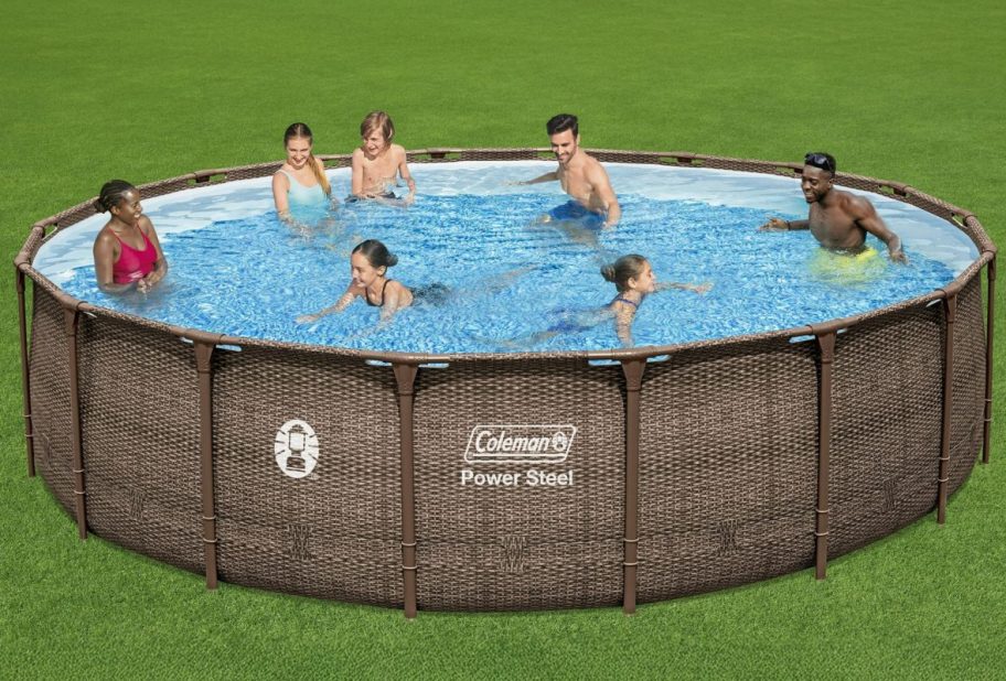 people in round above ground pool