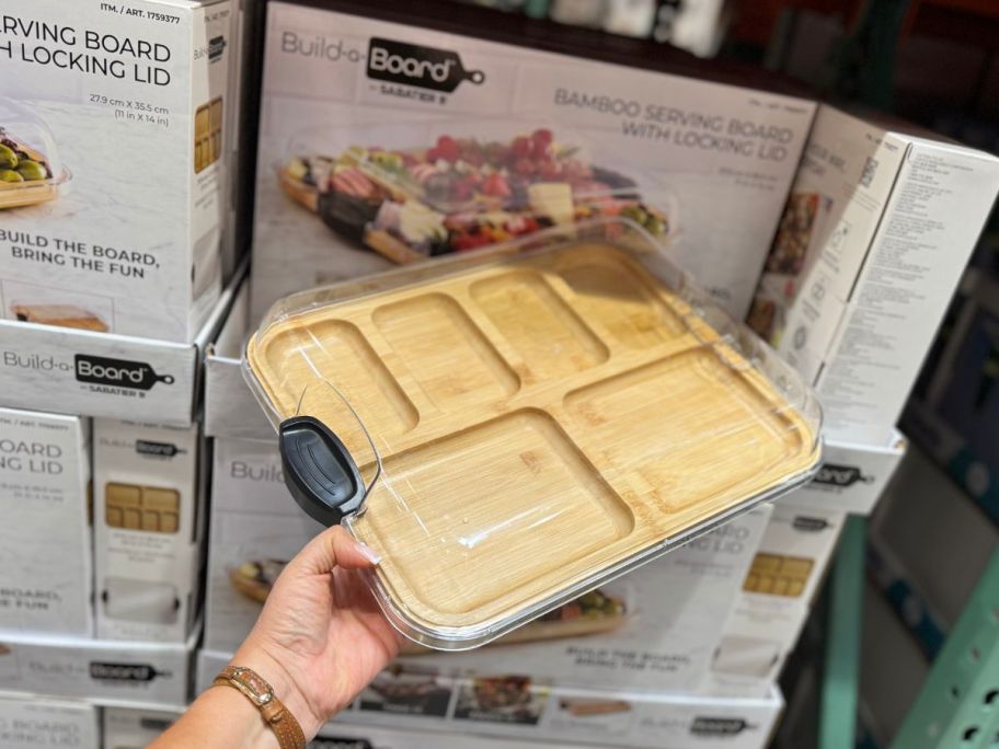 Sabatier Build-A-Board Bamboo Serving Board with Locking Lid in hand in store