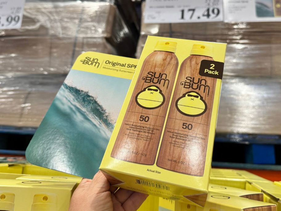 Sun Bum Original SPF50 Spray 2-Pack box in hand in store