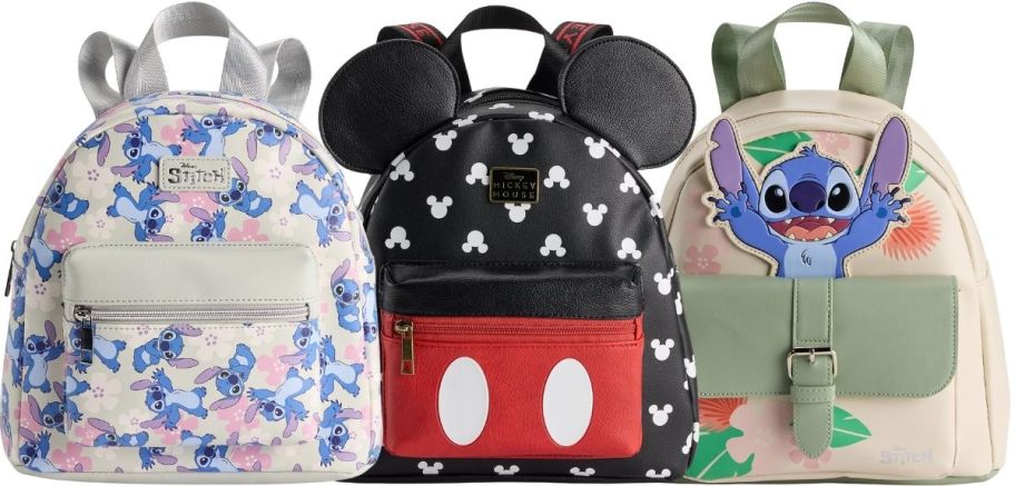 three disney characte mini backpacks featuring stitch print, mickey mouse and stitch