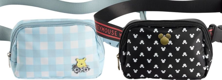 a blue and white checked winnie the pook beltbag shown with a black mickey mouse belt bag