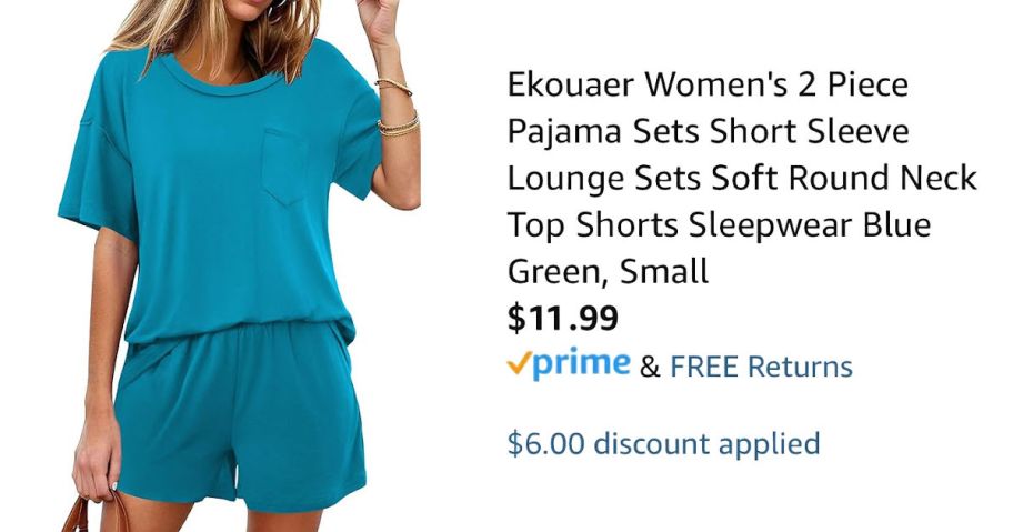 woman wearing pajamas next to Amazon pricing information