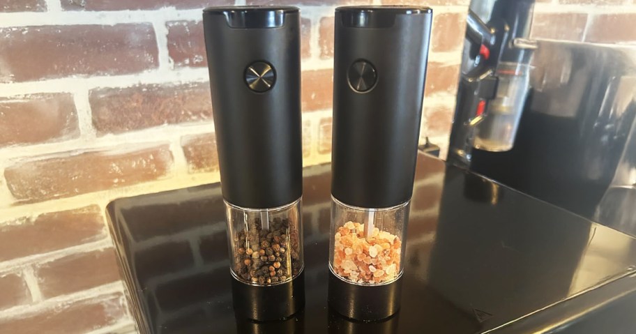 electric salt and pepper set on a counter