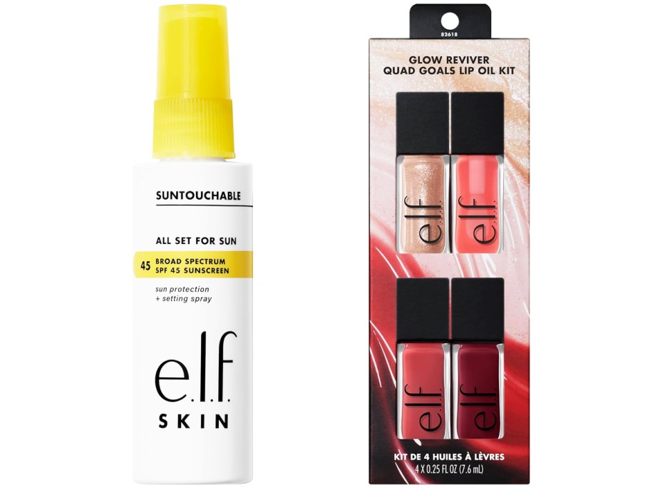 bottle of makeup setting spray and 4-pack of lip oils
