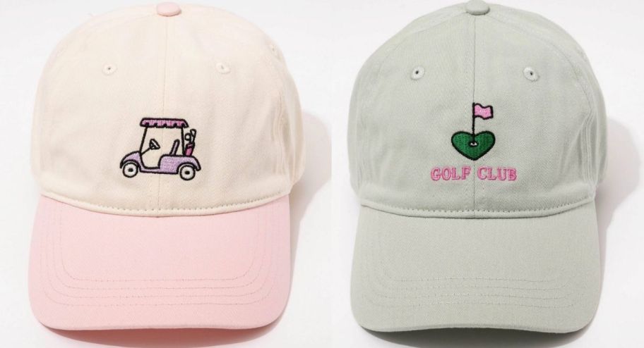 two womens baseball caps with golfing graphics embroidered on the fronts