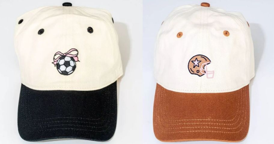 two frasier sterling hat stock images with a soccer ball and a football helmet on them