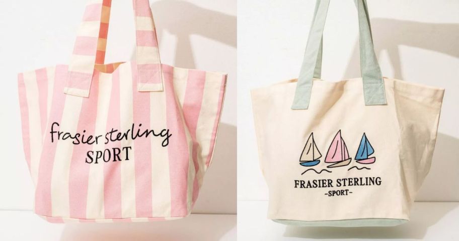 two frasier sterling tote bag stock images in pink and white stripes and another with sail boats printed on it