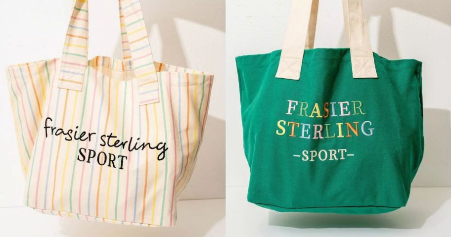 two frasier sterling tote bag stock images in striped pastels and another in green