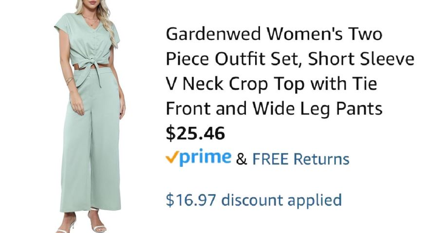 woman wearing mint colored outfit next to Amazon pricing information