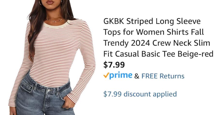 woman wearing striped shirt next to Amazon pricing information