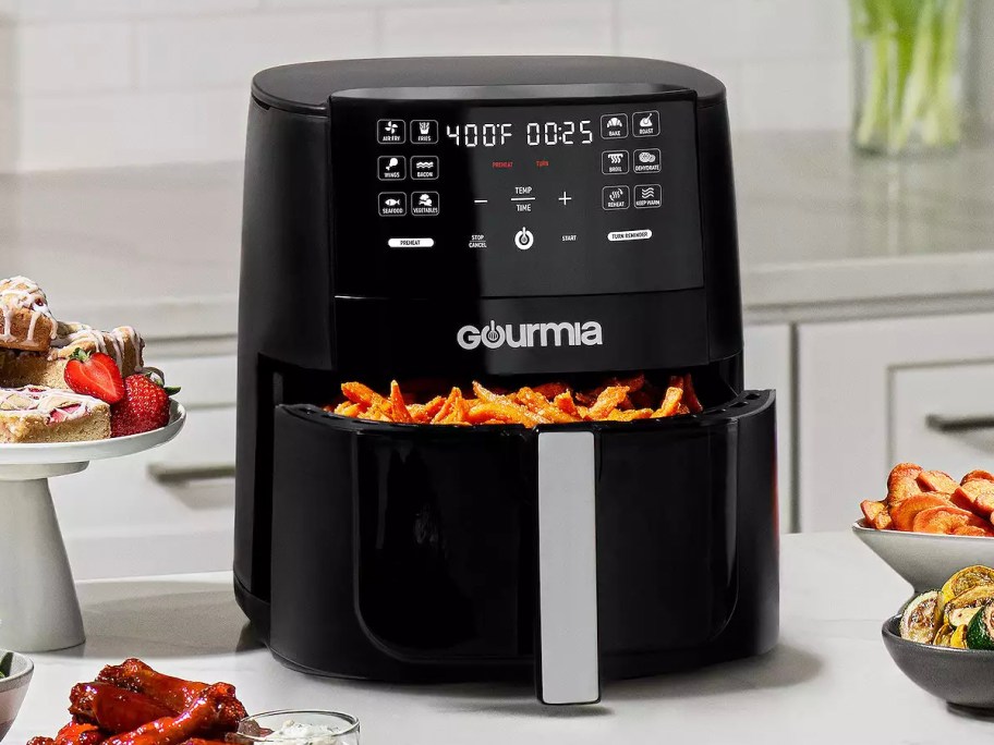 black gourmia air fryer full of french fries 