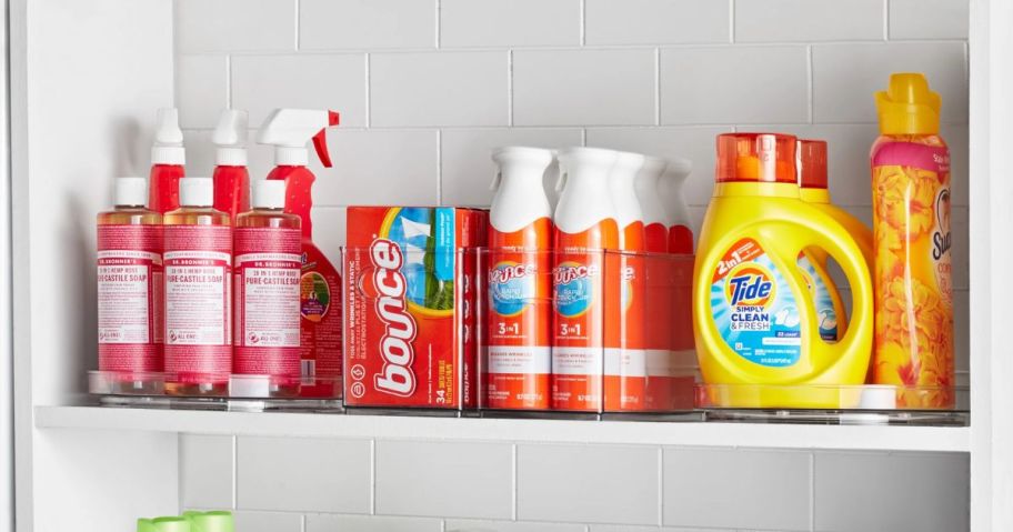 The Home Edit Laundry Edit filled with products on shelf in laundry room