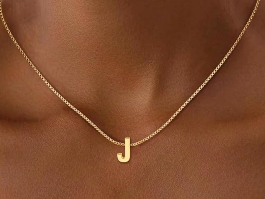 woman wearing an Eaciy Initial Necklace with a J on it